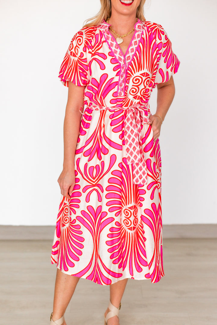 PINK &amp; RED SWIRL PRINT MIDI DRESS