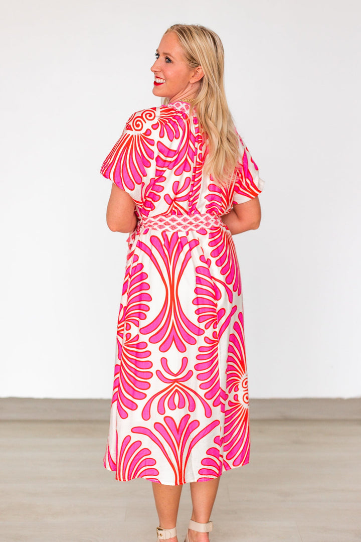 PINK &amp; RED SWIRL PRINT MIDI DRESS
