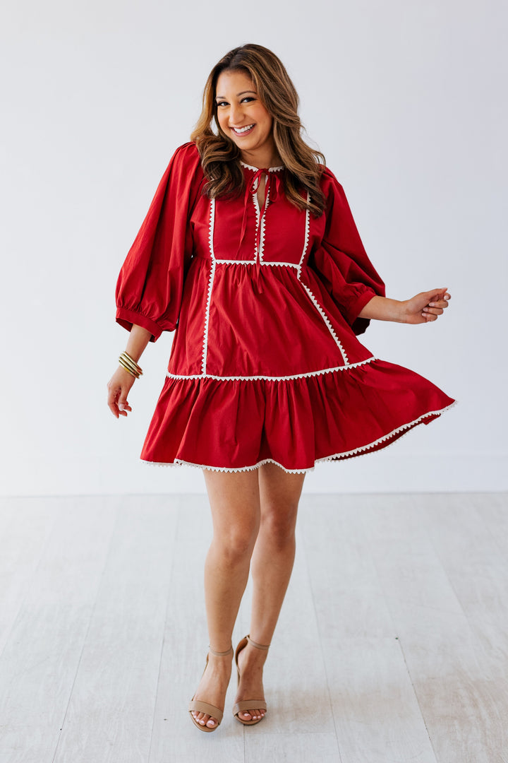 BURGUNDY STITCH DETAIL POPLIN MINI DRESS