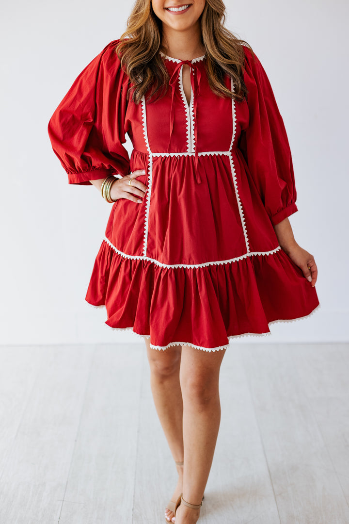 BURGUNDY STITCH DETAIL POPLIN MINI DRESS