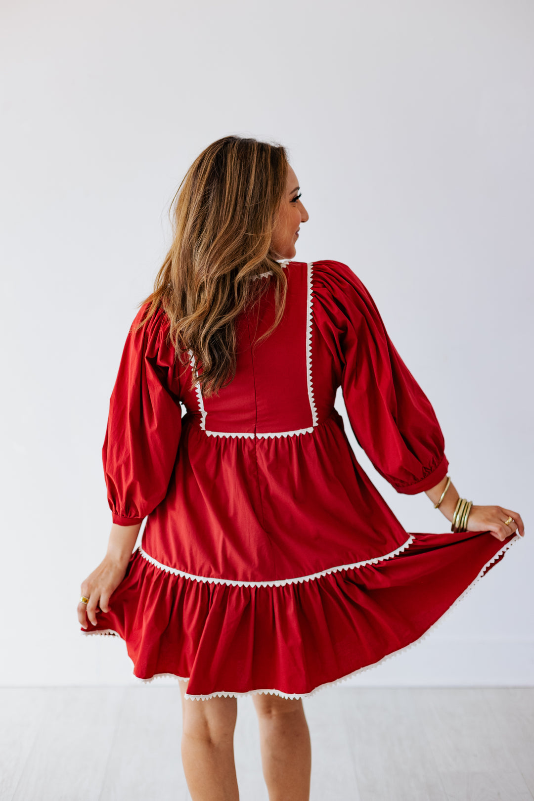 BURGUNDY STITCH DETAIL POPLIN MINI DRESS
