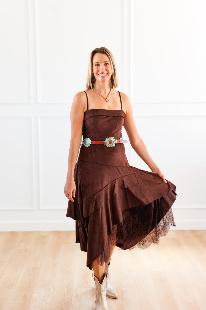CHOCOLATE SUEDE LACE INSET MIDI DRESS