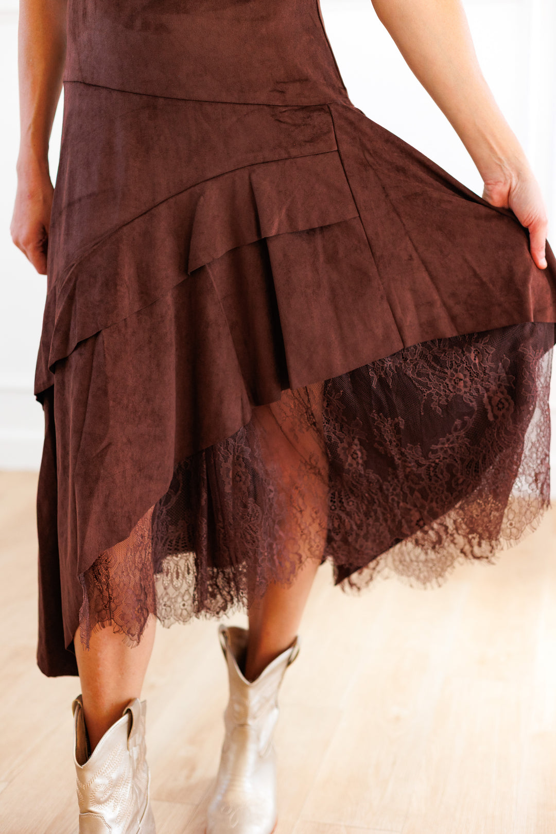 CHOCOLATE SUEDE LACE INSET MIDI DRESS
