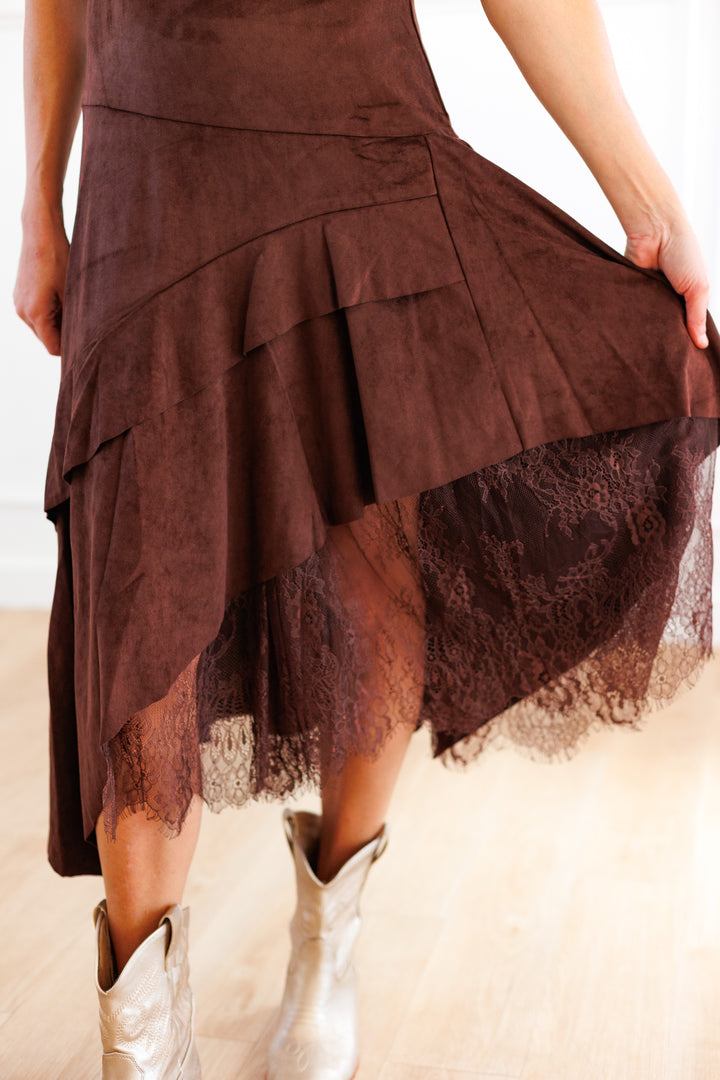 CHOCOLATE SUEDE LACE INSET MIDI DRESS