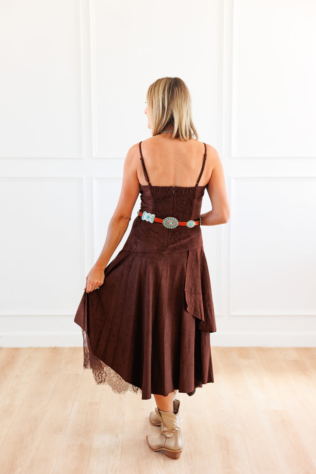 CHOCOLATE SUEDE LACE INSET MIDI DRESS