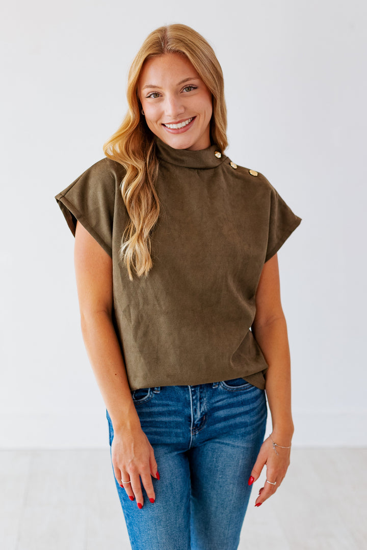 OLIVE SUEDE MOCK NECK TOP
