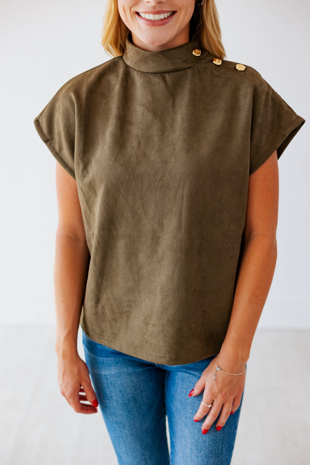 OLIVE SUEDE MOCK NECK TOP