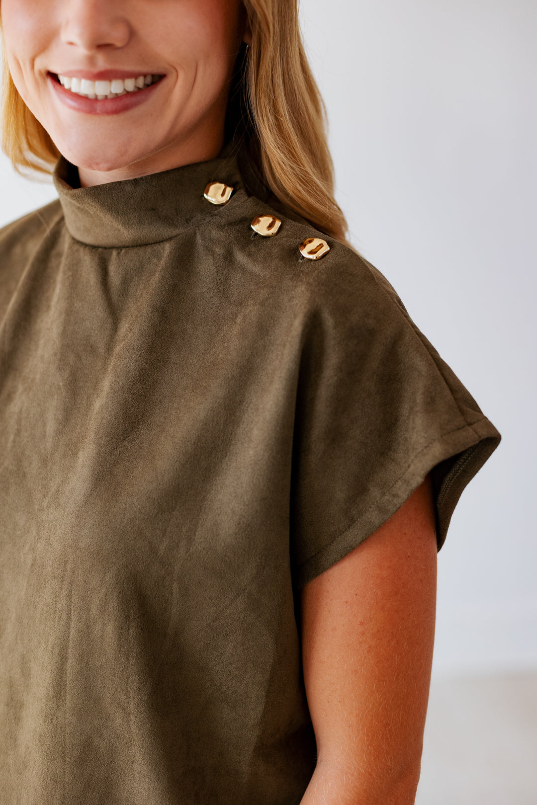 OLIVE SUEDE MOCK NECK TOP