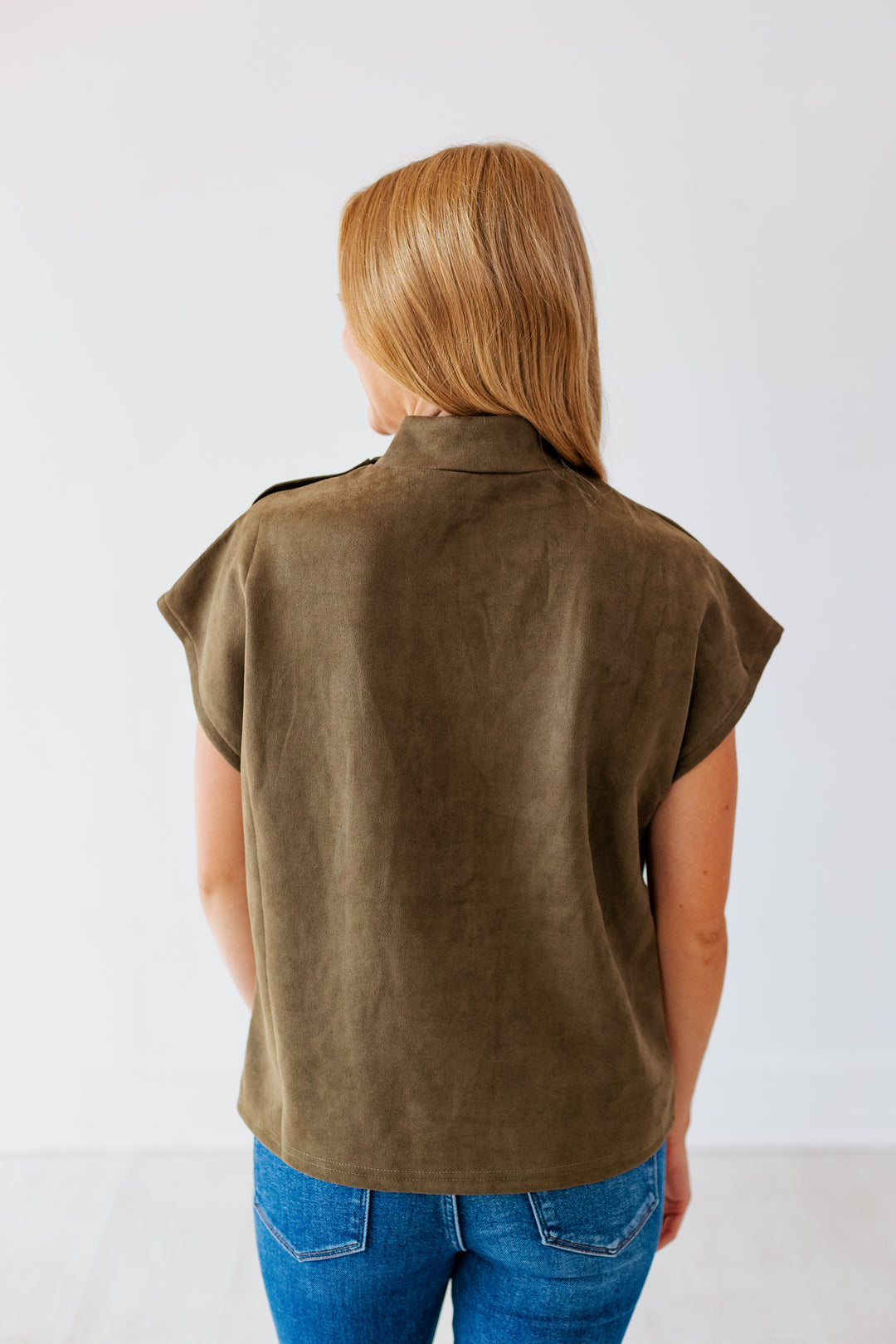 OLIVE SUEDE MOCK NECK TOP
