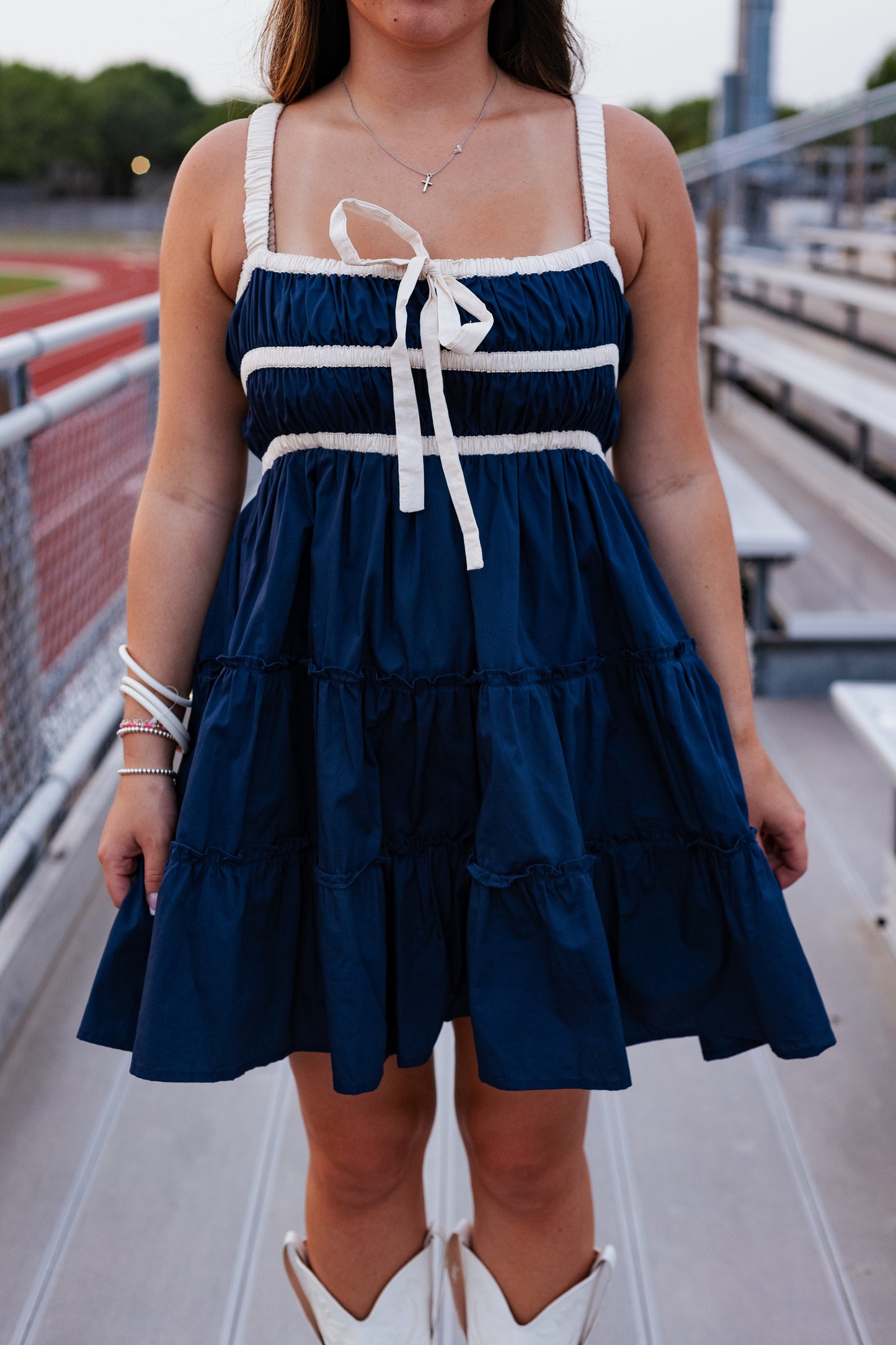 NAVY TRIM MINI DRESS