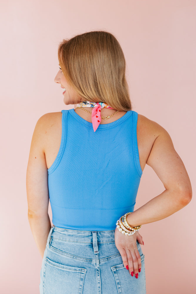 NIKIBIKI: HIGH NECK CHEVRON TANK TOP- MARINA BLUE