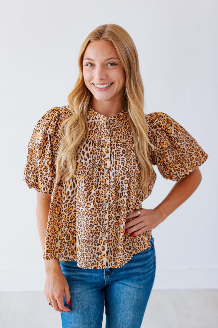 LEONA LEOPARD BUBBLE SLEEVE BLOUSE