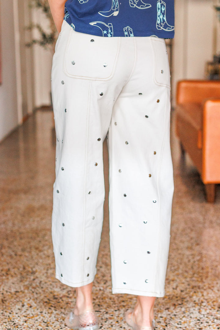 CREAM STUDDED BARREL JEAN
