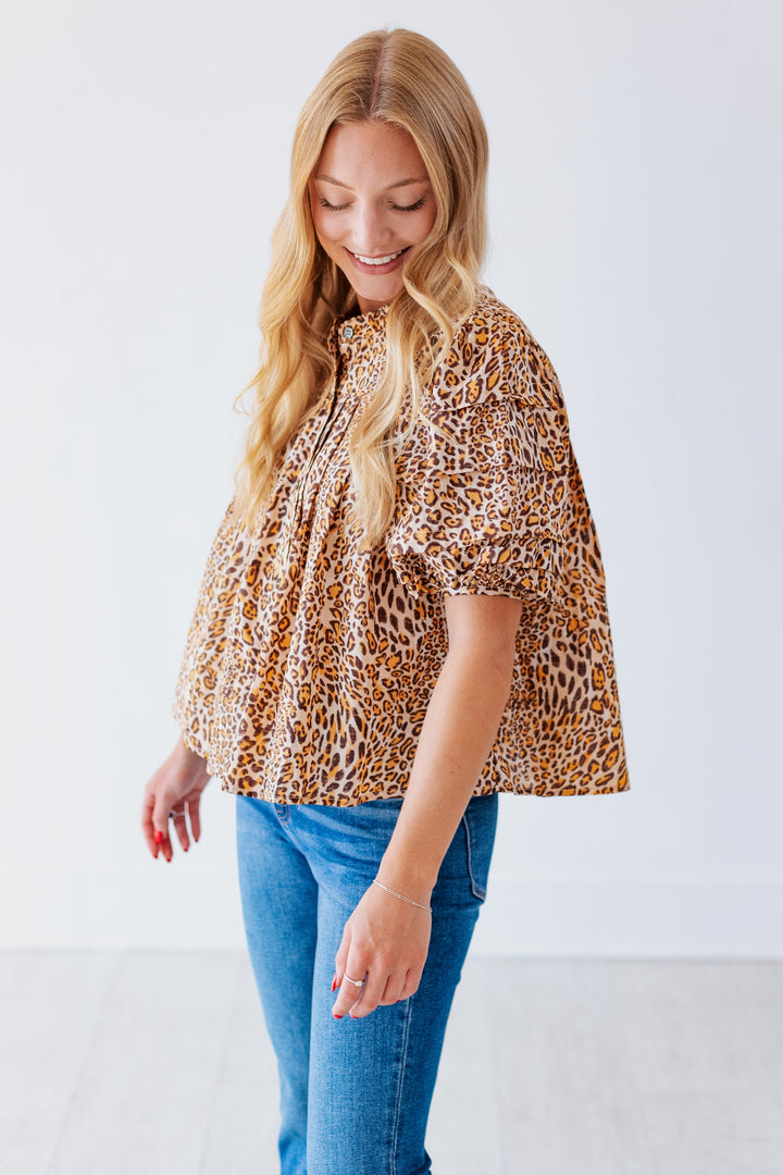LEONA LEOPARD BUBBLE SLEEVE BLOUSE