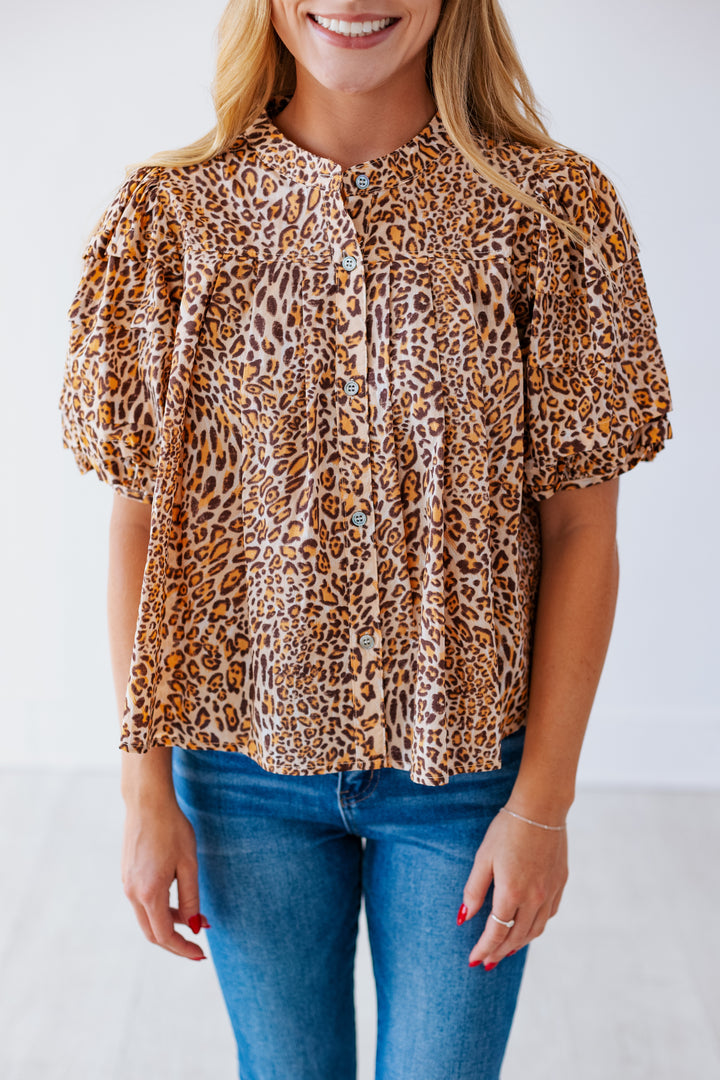 LEONA LEOPARD BUBBLE SLEEVE BLOUSE