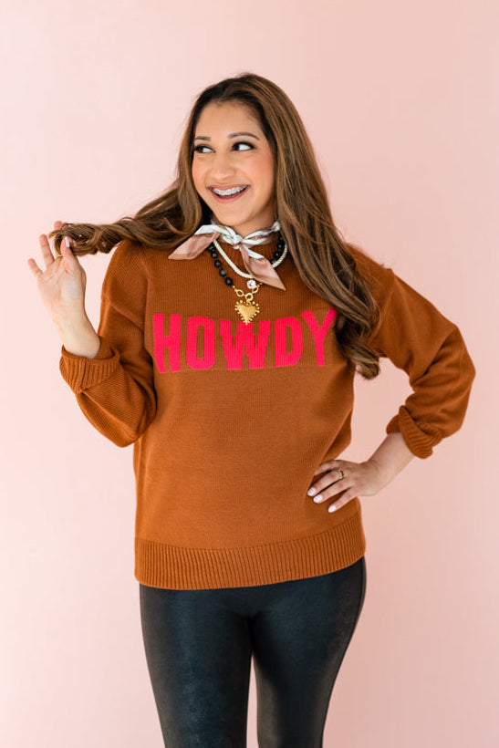 CARAMEL HOWDY! KNIT SWEATER