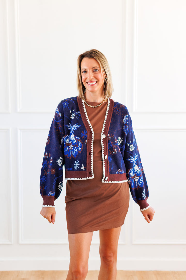 NAVY FLORAL WHIPSTITCH TRIM CARDIGAN
