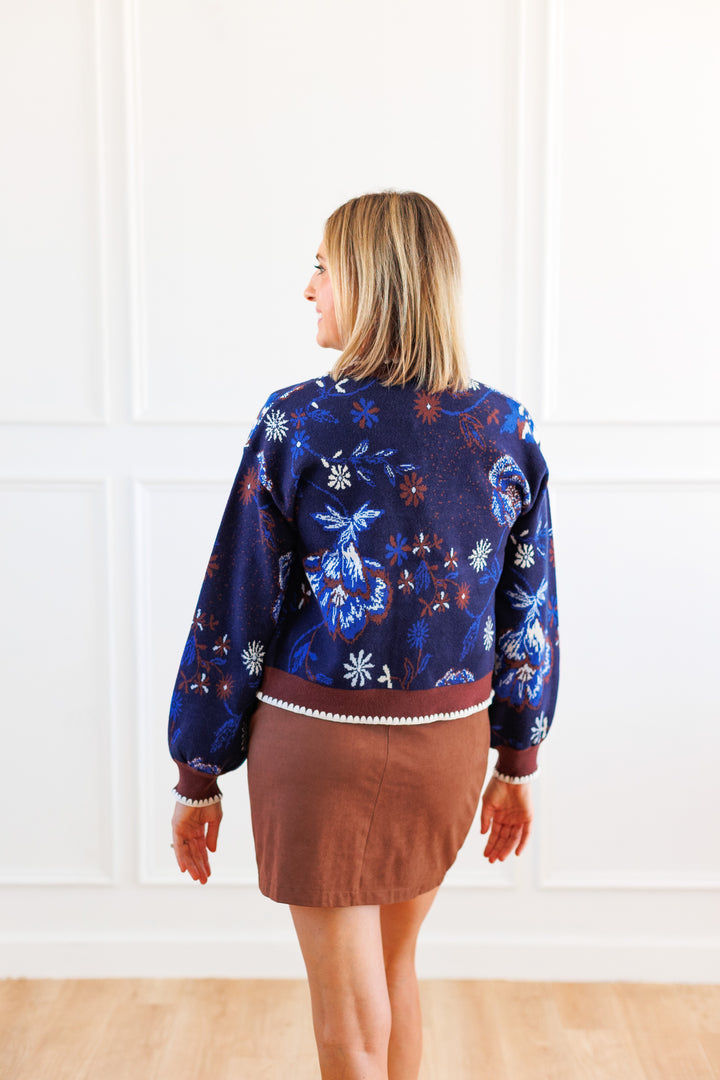 NAVY FLORAL WHIPSTITCH TRIM CARDIGAN