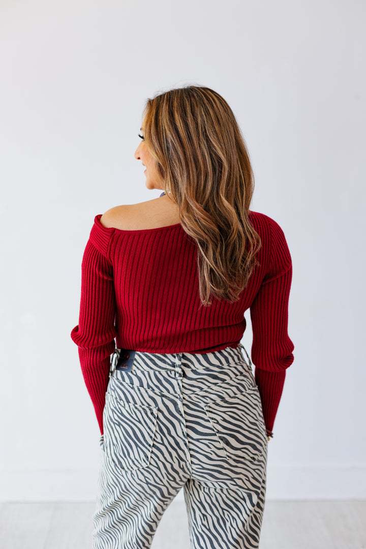 RIBBED ONE SHOULDER DETAIL TOP- RUBY RED