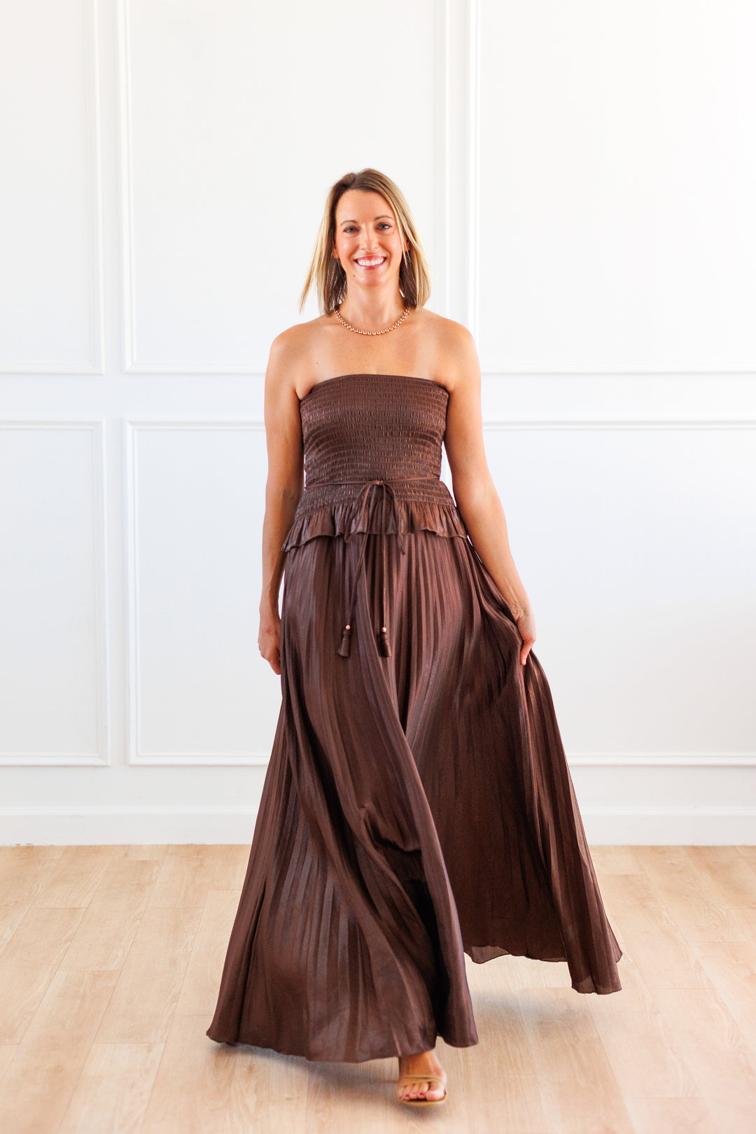 METALLIC BROWN STRAPLESS PLEATED MAXI DRESS