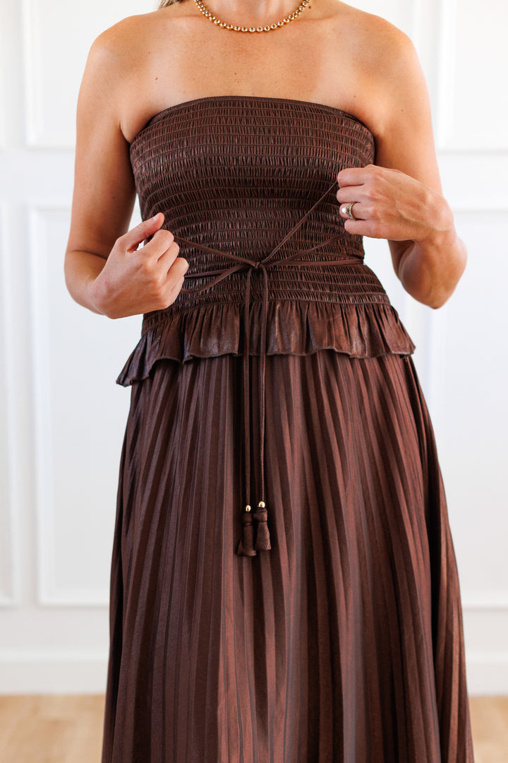 METALLIC BROWN STRAPLESS PLEATED MAXI DRESS