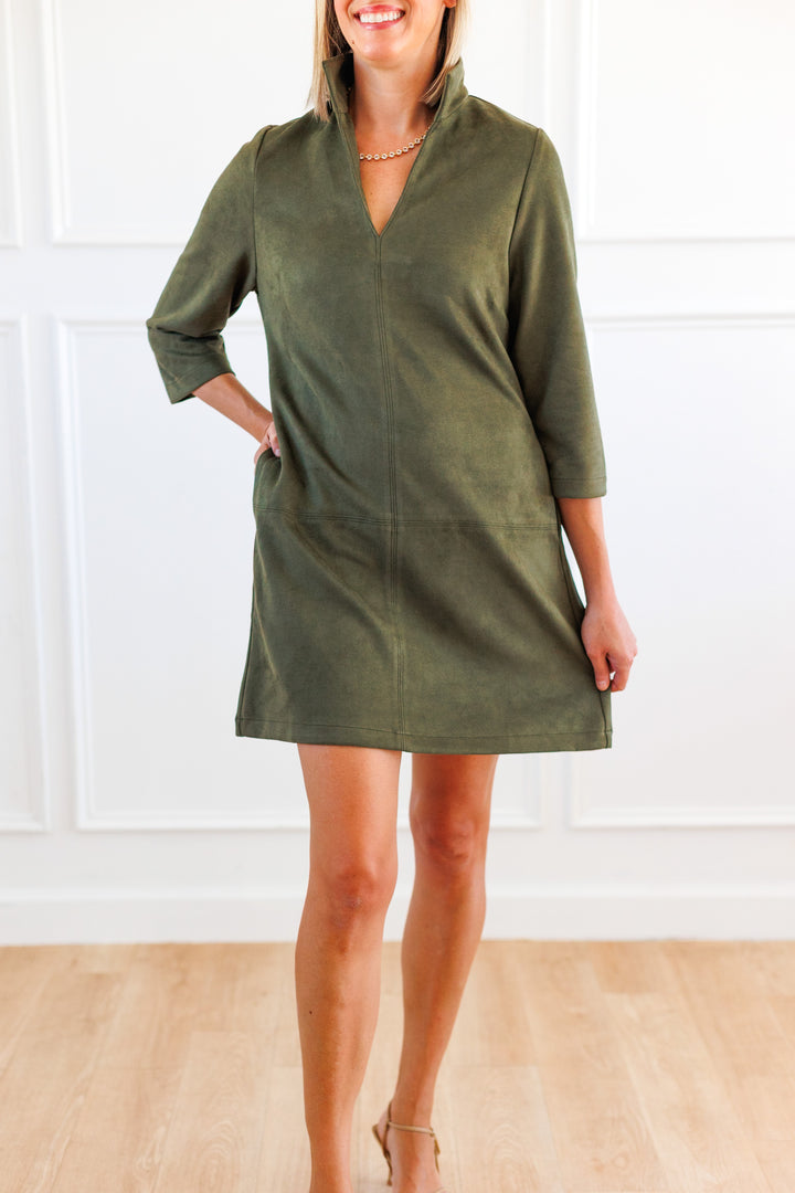 OLIVE SUEDE 3/4 SLEEVE SHIFT DRESS