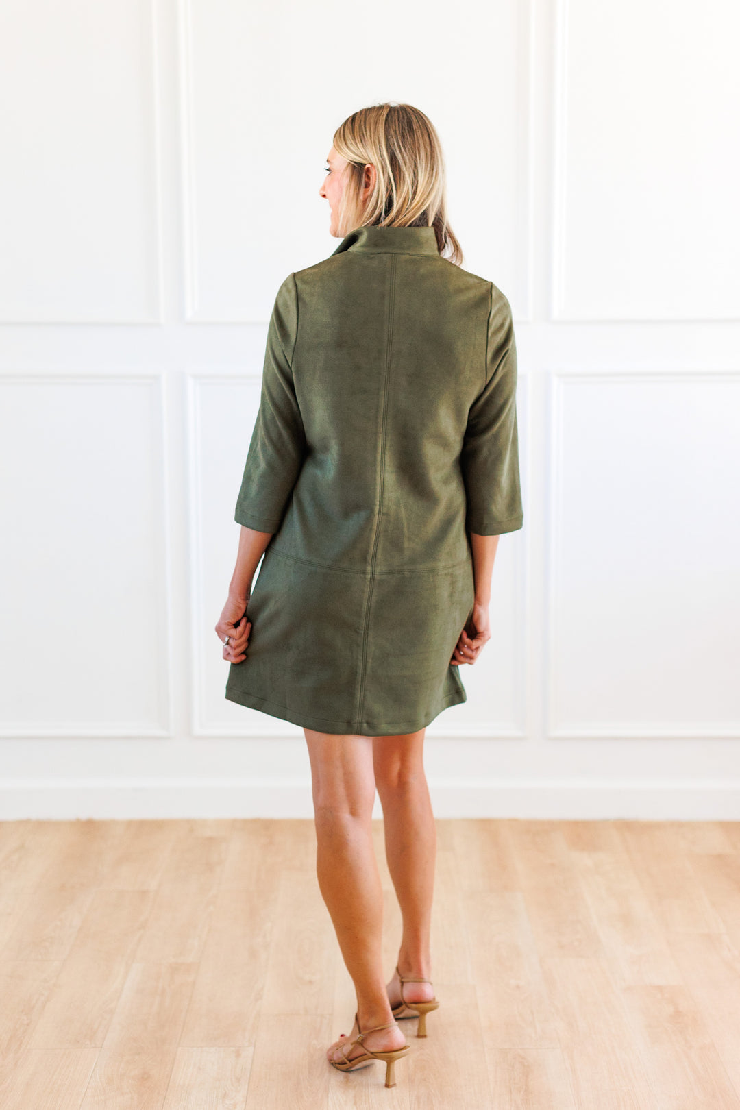 OLIVE SUEDE 3/4 SLEEVE SHIFT DRESS