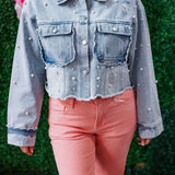 GIRLY GIRL PEARL EMBROIDERED DENIM JACKET