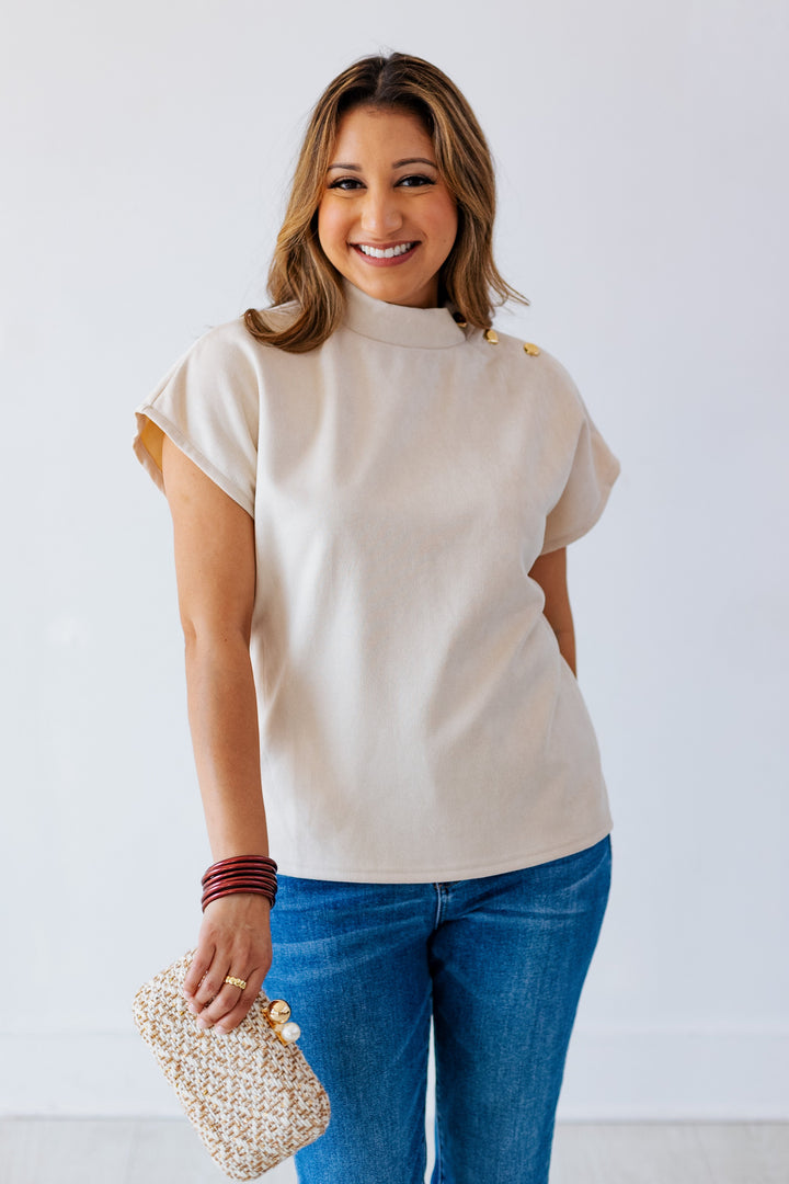 CREAM SUEDE MOCK NECK TOP