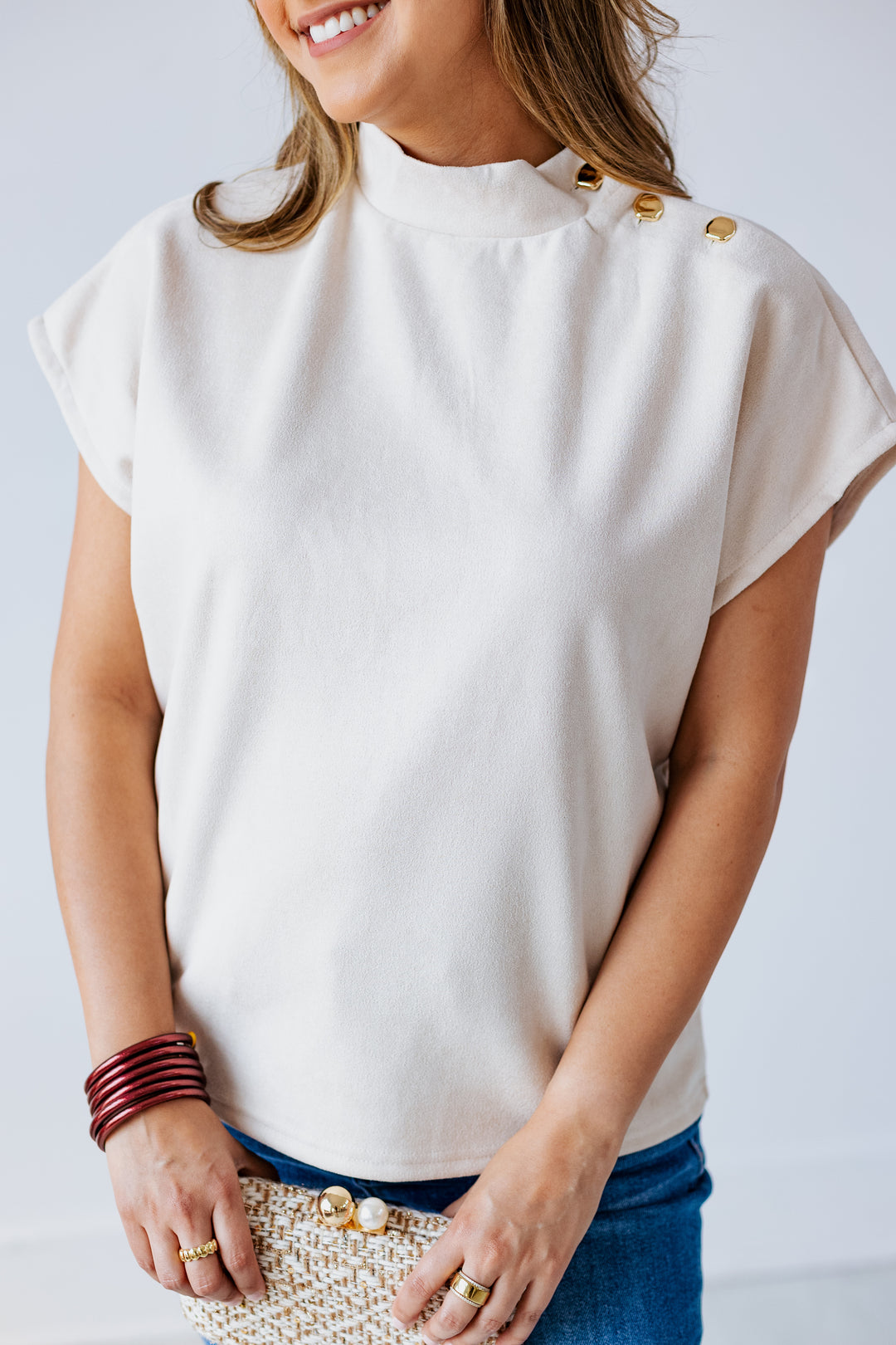 CREAM SUEDE MOCK NECK TOP