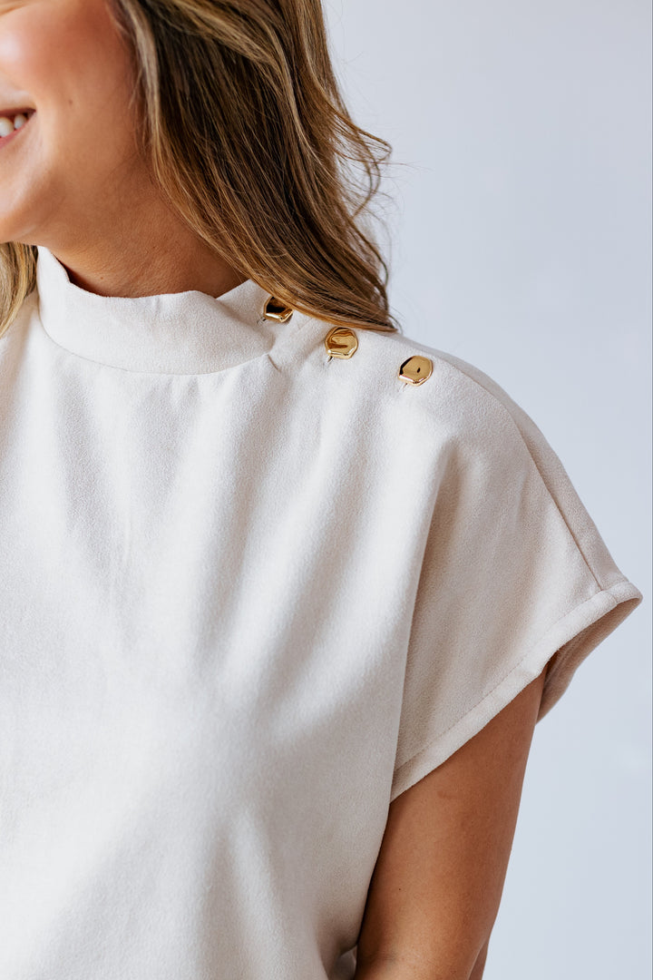 CREAM SUEDE MOCK NECK TOP
