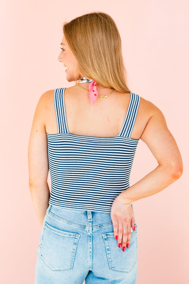 NIKIBIKI: MODAL STRIPED SQUARE CROP TOP- NAVY