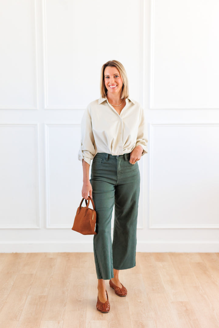 DARK OLIVE SCISSOR CUT WIDE LEG JEAN