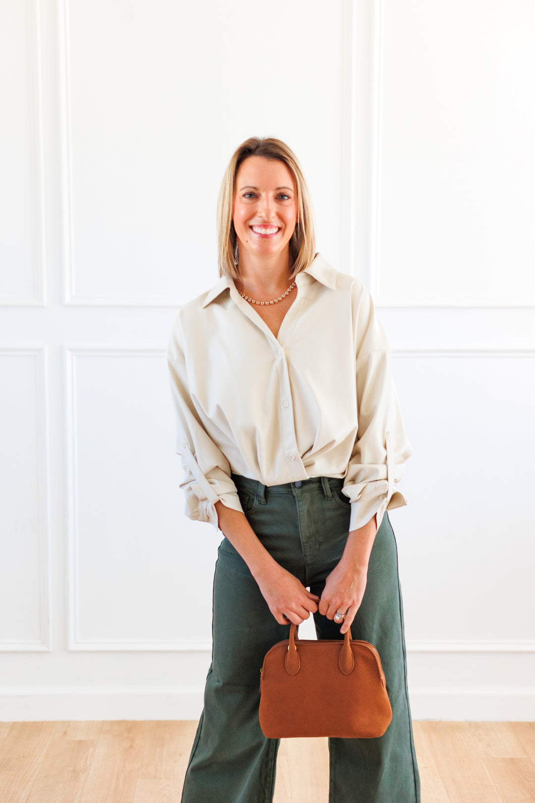 ECRU TWIST FRONT FAUX LEATHER BLOUSE