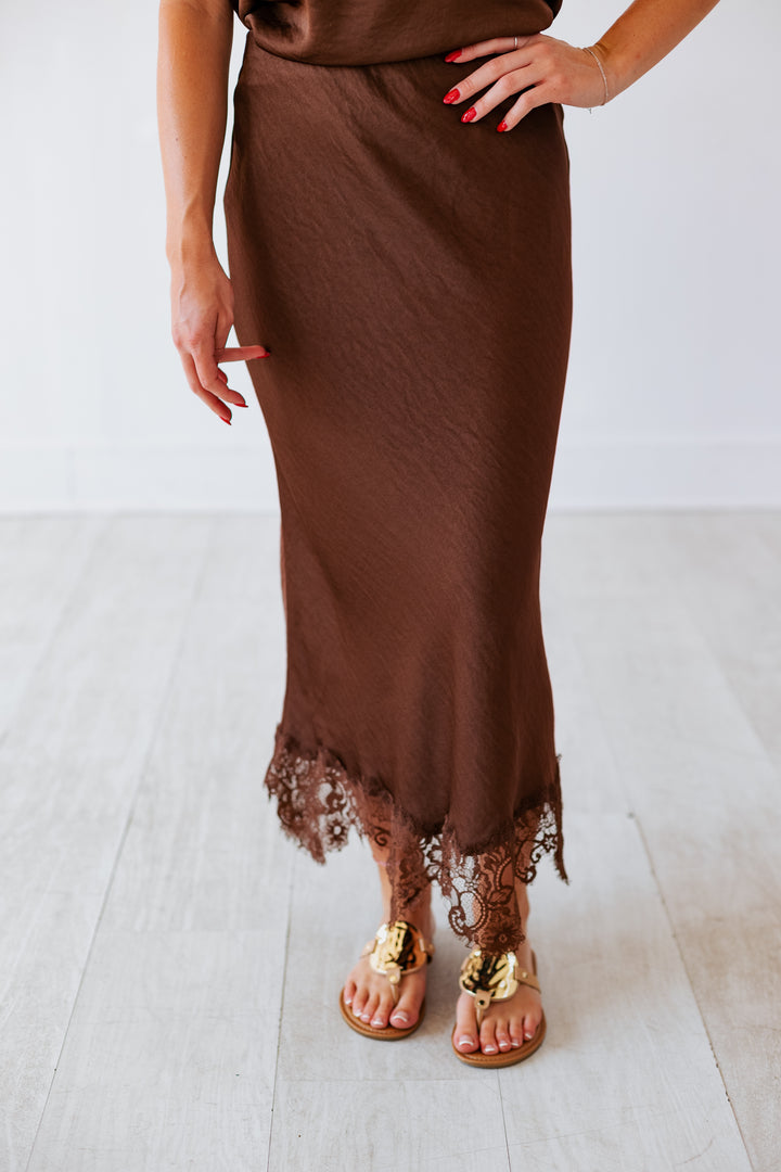 DARK BROWN SATIN LACE SLIP SKIRT