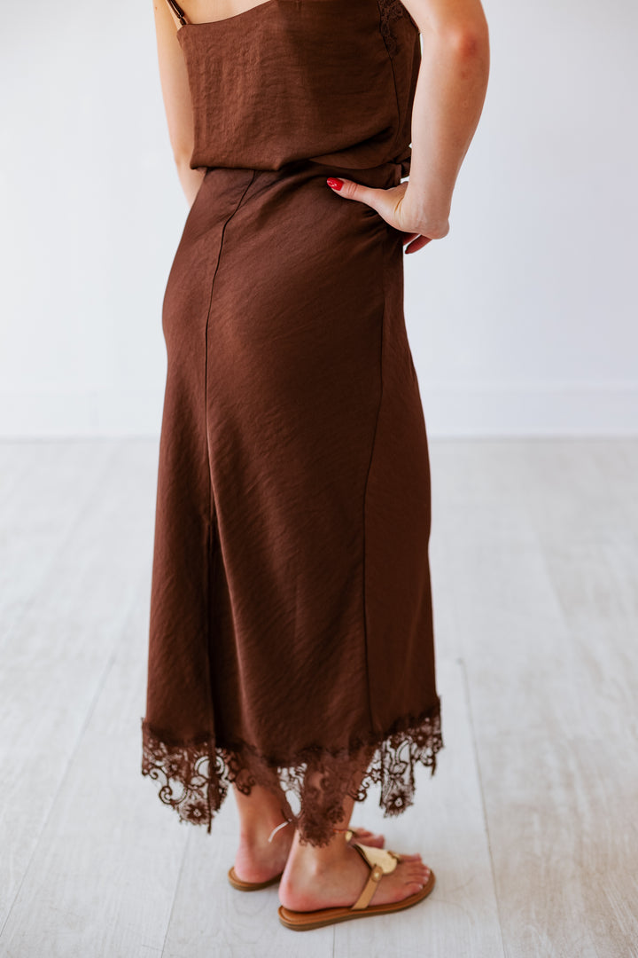 DARK BROWN SATIN LACE SLIP SKIRT