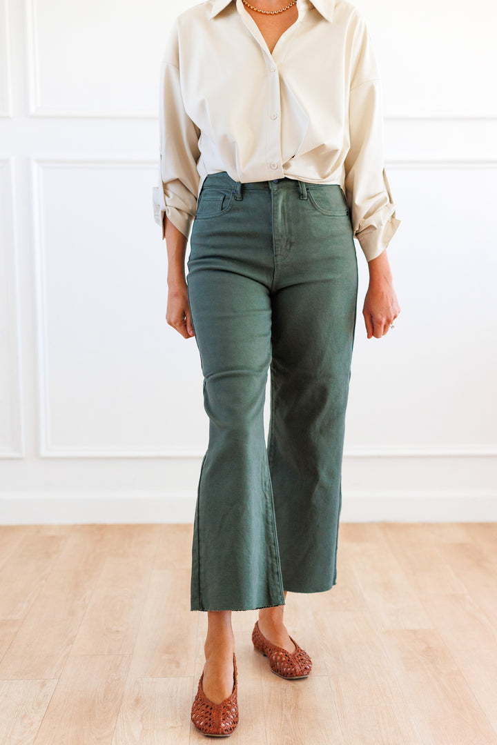 DARK OLIVE SCISSOR CUT WIDE LEG JEAN