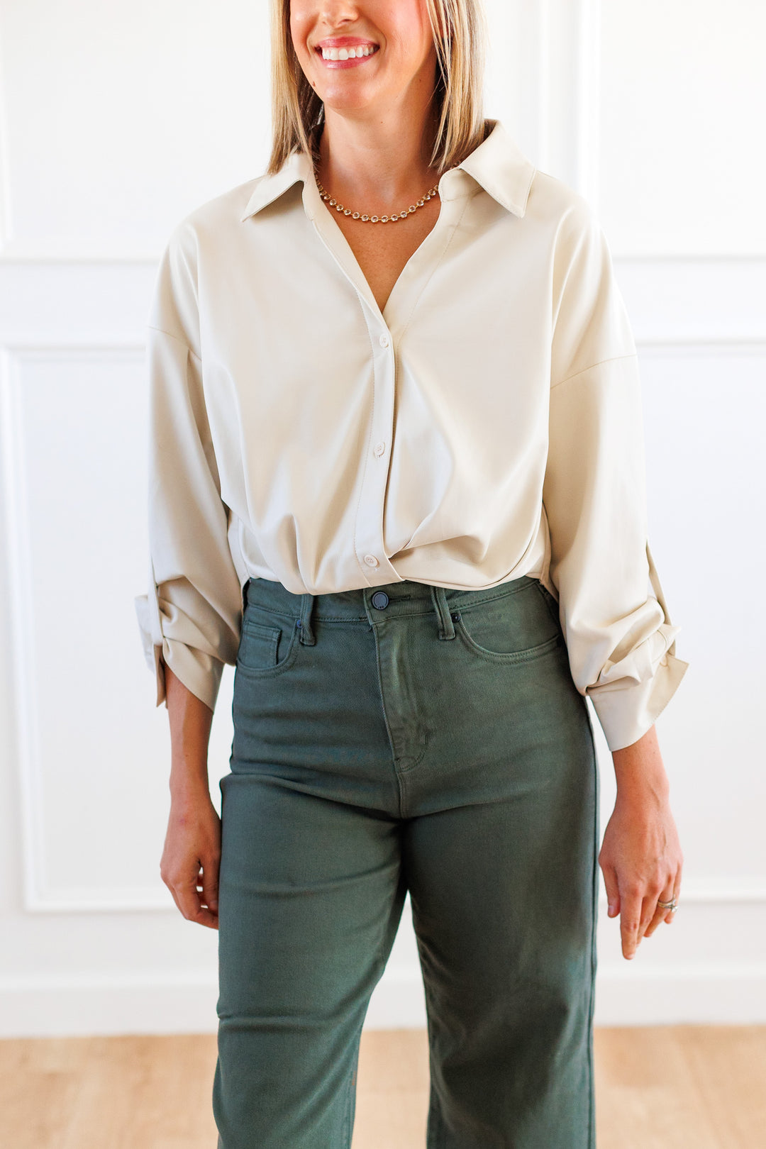 ECRU TWIST FRONT FAUX LEATHER BLOUSE