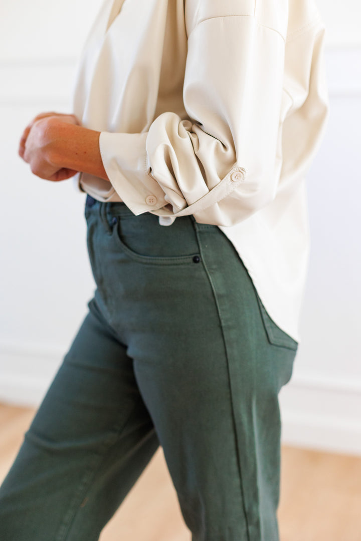 ECRU TWIST FRONT FAUX LEATHER BLOUSE