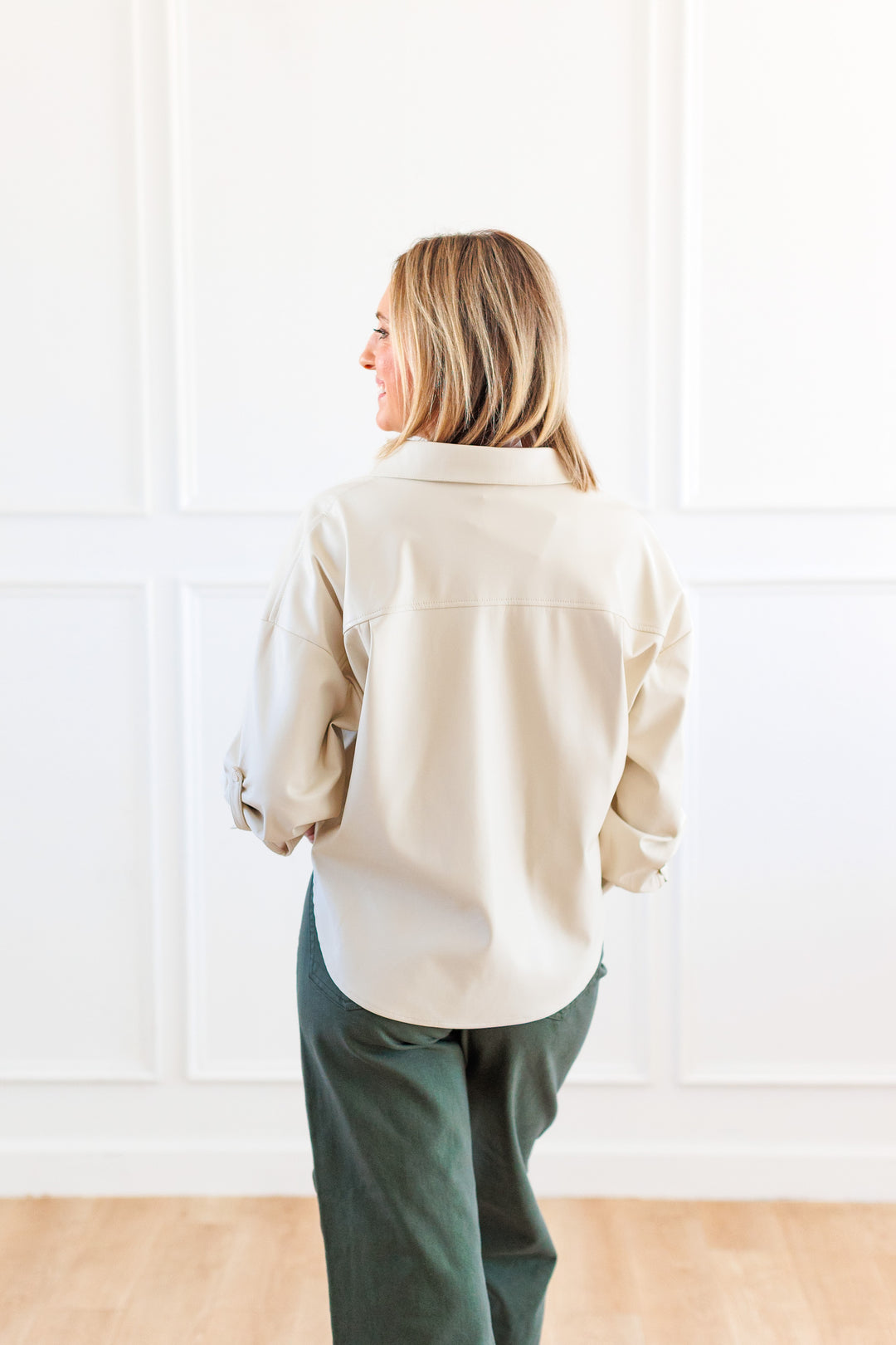 ECRU TWIST FRONT FAUX LEATHER BLOUSE