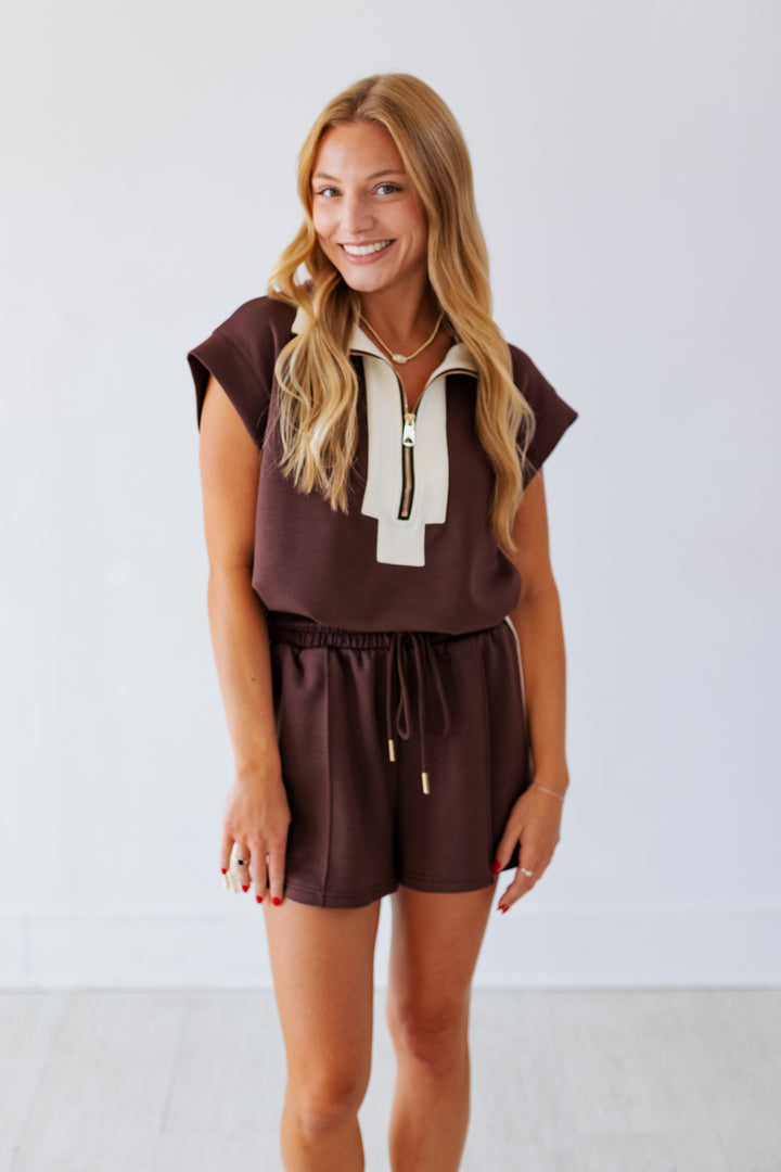 BROWN CONTRAST TRIM LOUNGE SET