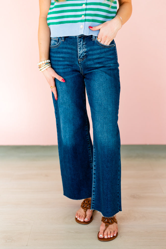 RISEN: DARK DENIM CROPPED WIDE ADJUSTABLE WAIST JEAN