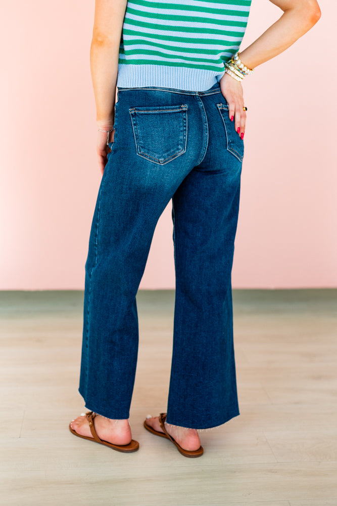 RISEN: DARK DENIM CROPPED WIDE ADJUSTABLE WAIST JEAN