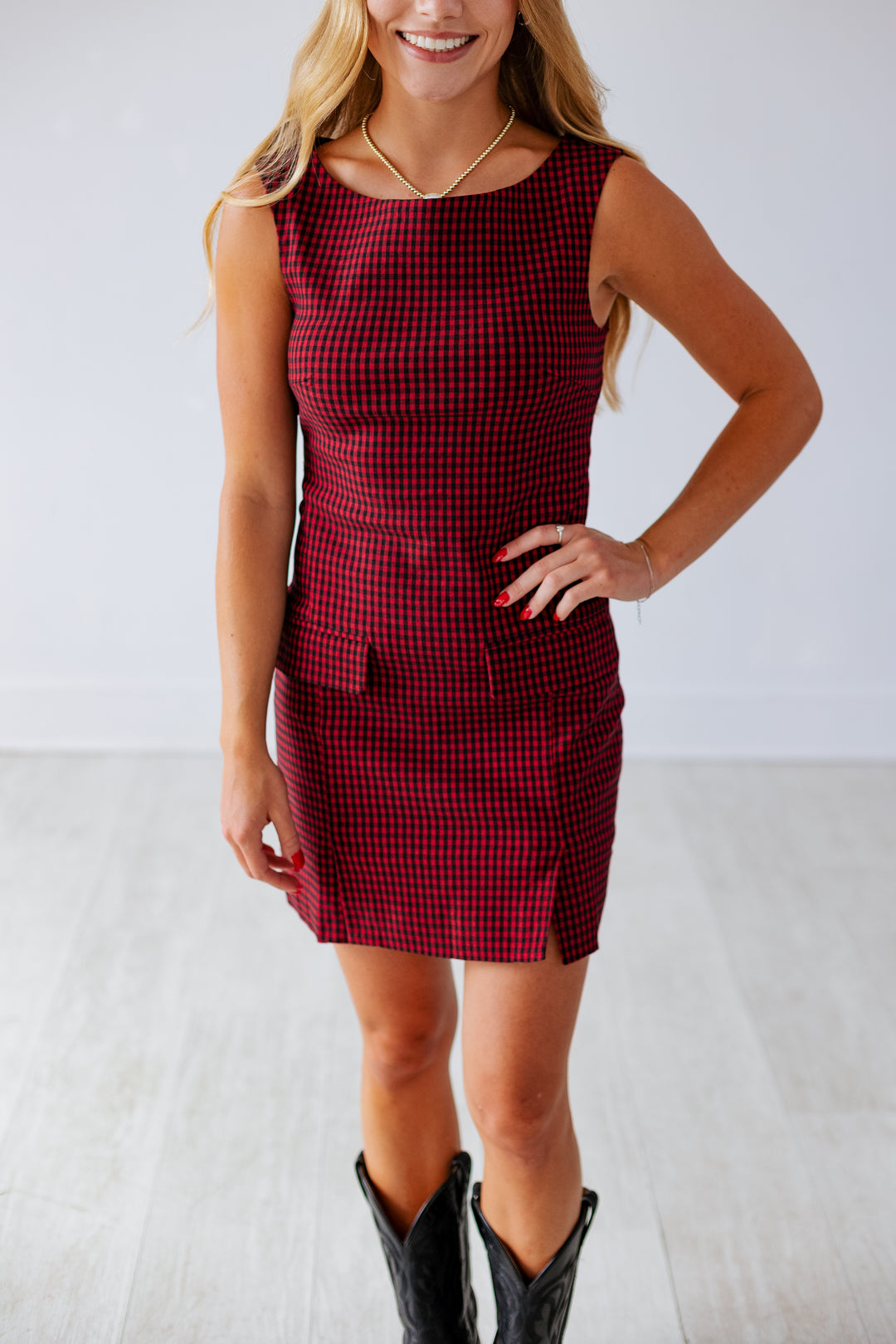 CHERRY RED GINGHAM MINI DRESS