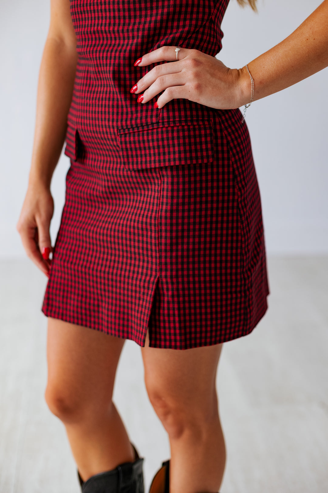 CHERRY RED GINGHAM MINI DRESS
