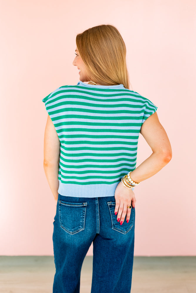 SLEEVELESS BUTTON UP STRIPED SWEATER- GREEN & BLUE