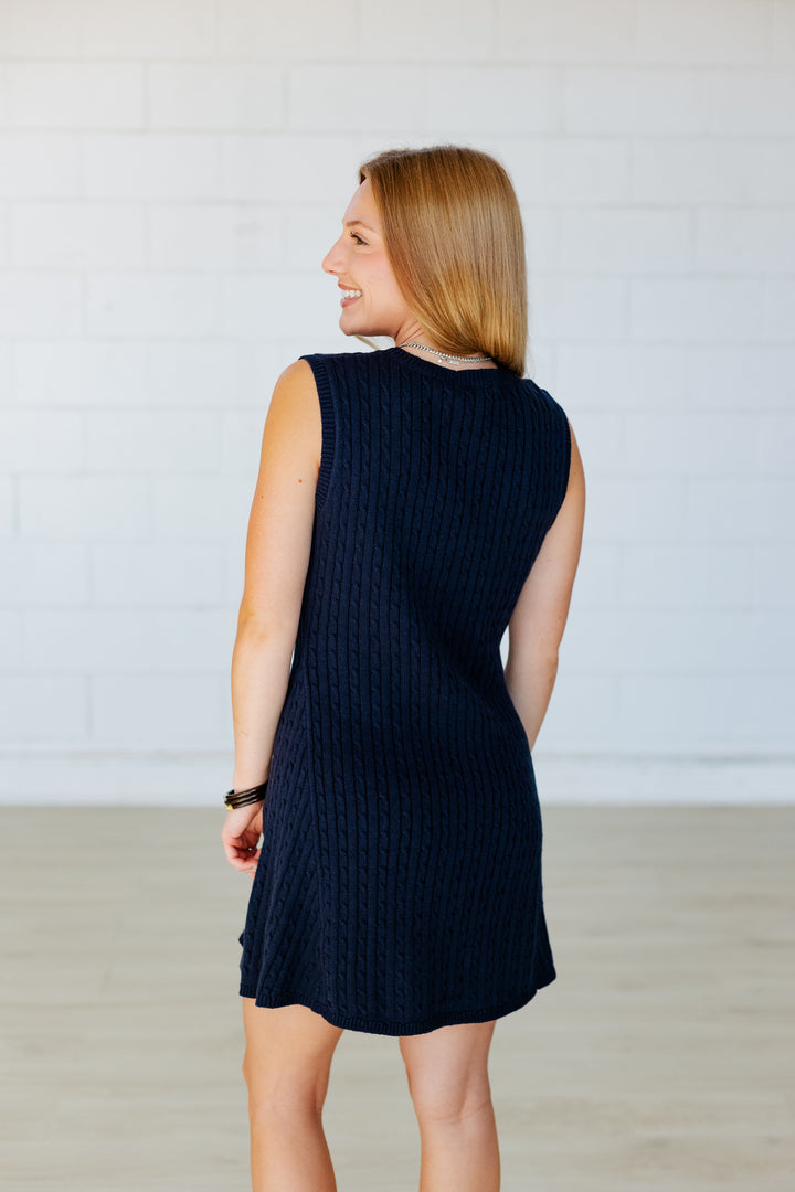 NAVY CABLE KNIT SWEATER DRESS