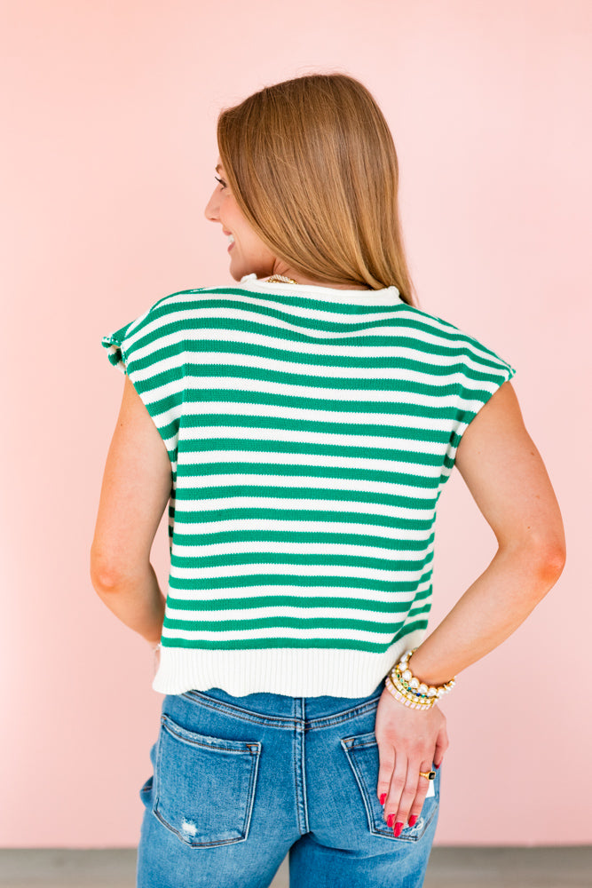 SLEEVELESS BUTTON UP STRIPED SWEATER- GREEN & CREAM