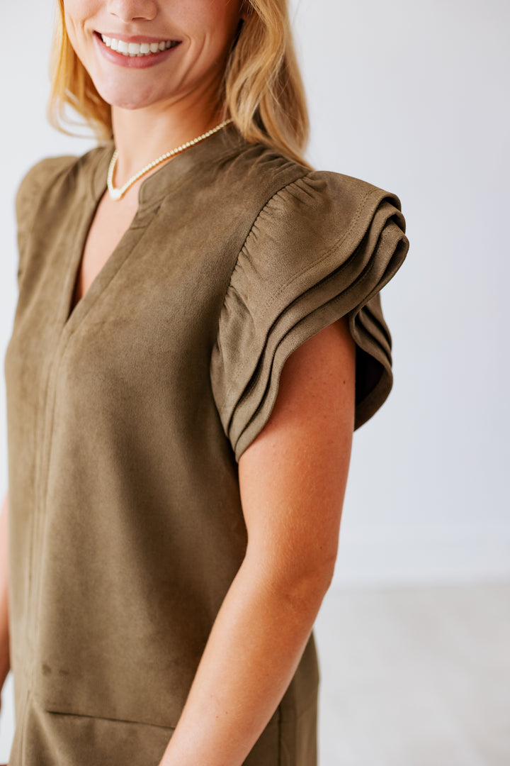 OLIVE SUEDE FLUTTER SLEEVE MINI DRESS