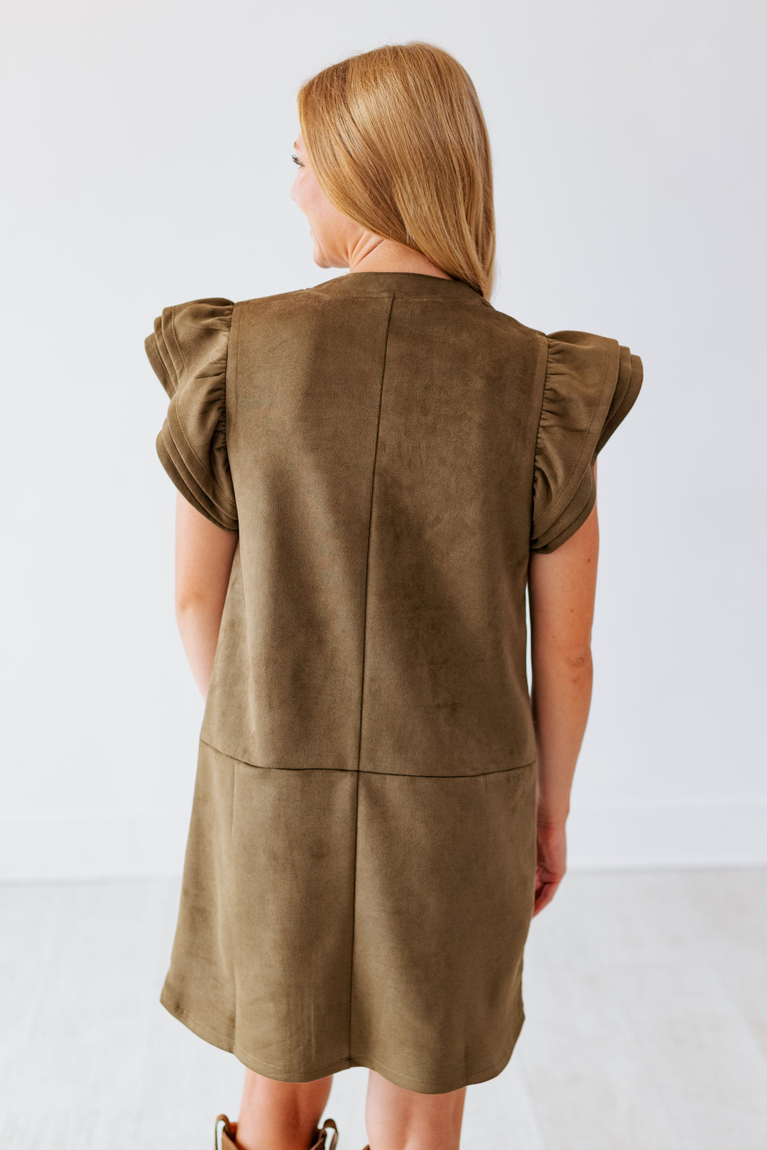 OLIVE SUEDE FLUTTER SLEEVE MINI DRESS